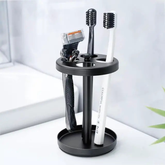 Alt view image 2 of 7 - Black Stainless Toothbrush Holder Stand: Rustproof Bathroom Countertop Organizer, 4 Ventilated Slots Hold Manual Toothbrushes, Razor