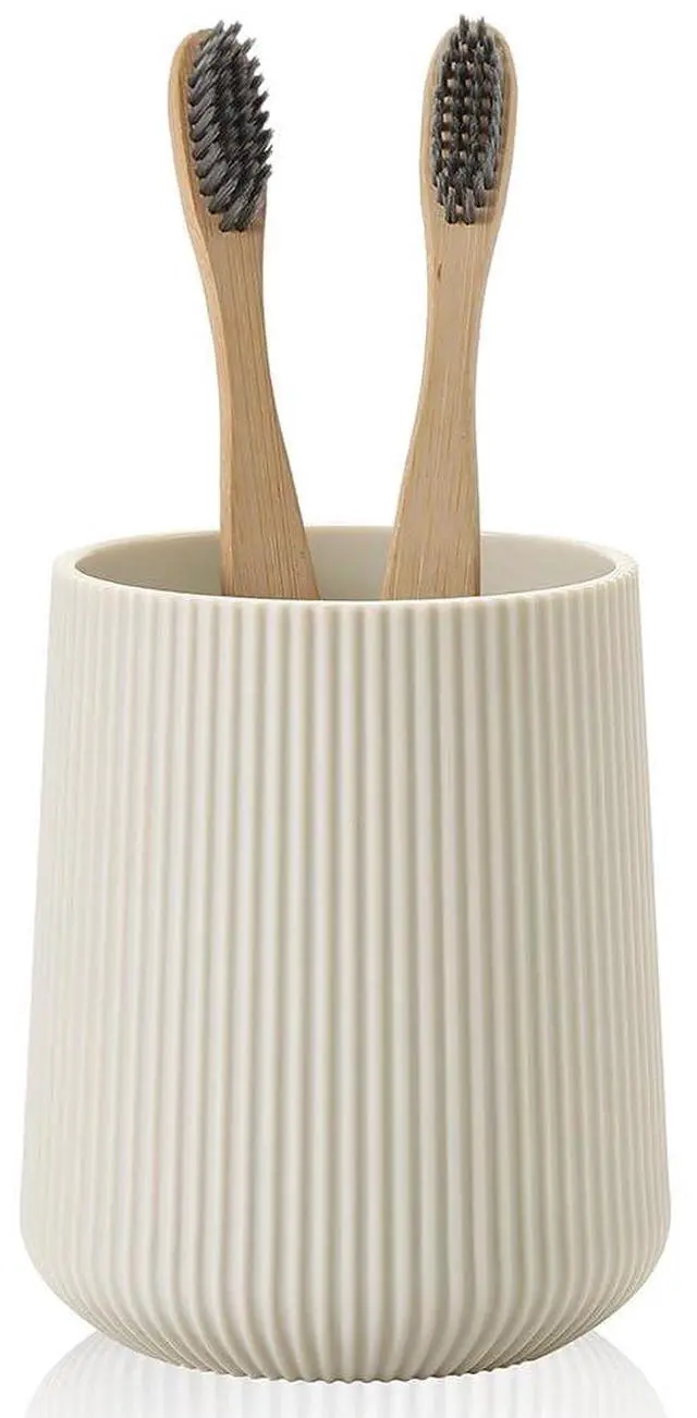Main image of Beige Striped Toothbrush Holder for Electric Toothbrushes Bathroom Organizer Cup for Toothpaste Kids & Adults