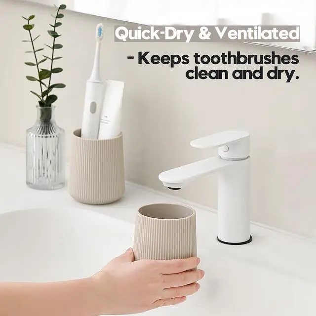 Alt view image 3 of 6 - Beige Striped Toothbrush Holder for Electric Toothbrushes Bathroom Organizer Cup for Toothpaste Kids & Adults