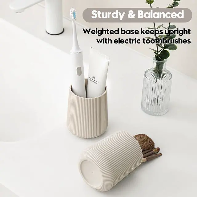 Alt view image 4 of 6 - Beige Striped Toothbrush Holder for Electric Toothbrushes Bathroom Organizer Cup for Toothpaste Kids & Adults