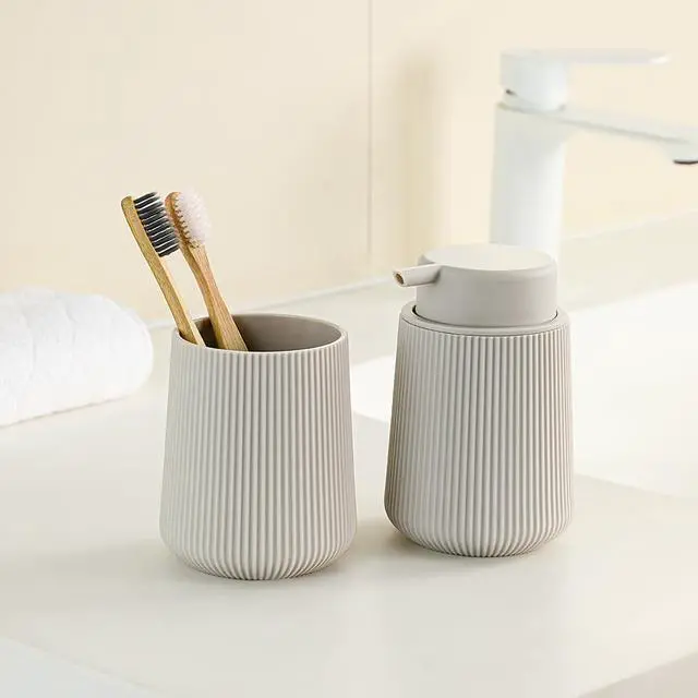 Alt view image 6 of 6 - Beige Striped Toothbrush Holder for Electric Toothbrushes Bathroom Organizer Cup for Toothpaste Kids & Adults