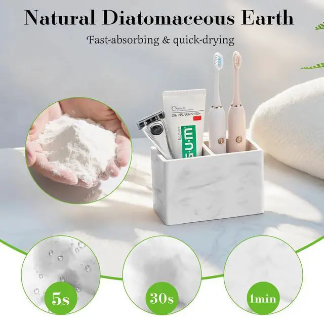 Alt view image 2 of 7 - Toothbrush Holder, Fast Drying Tooth Brush Holder for Bathroom, Diatomite Electric Tooth Brush and Toothpaste Organizer for Bathroom Kitchen Vanity Countertop, Marble White
