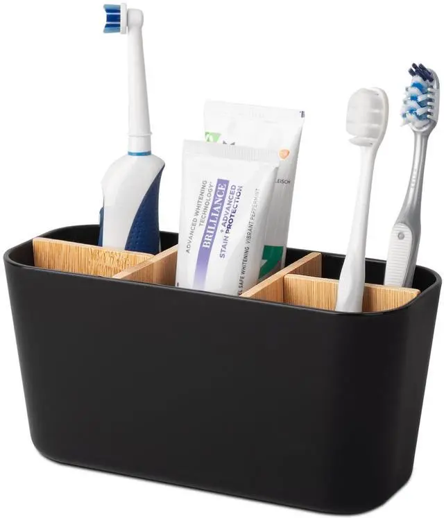Main image of Toothbrush Holders for Bathrooms, Bamboo Tooth Brush Holder with 5 Slots Bathroom Vanity Organizer Countertop for Electric Toothbrushes, Toothpaste, Razors - Black