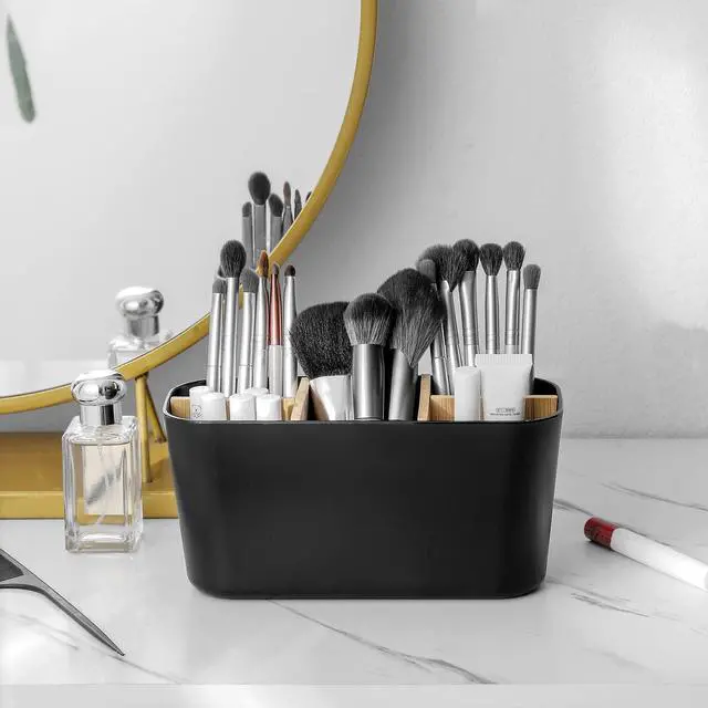Alt view image 3 of 5 - Toothbrush Holders for Bathrooms, Bamboo Tooth Brush Holder with 5 Slots Bathroom Vanity Organizer Countertop for Electric Toothbrushes, Toothpaste, Razors - Black