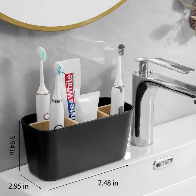 Alt view image 2 of 5 - Toothbrush Holders for Bathrooms, Bamboo Tooth Brush Holder with 5 Slots Bathroom Vanity Organizer Countertop for Electric Toothbrushes, Toothpaste, Razors - Black