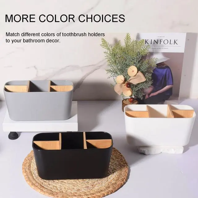 Alt view image 5 of 5 - Toothbrush Holders for Bathrooms, Bamboo Tooth Brush Holder with 5 Slots Bathroom Vanity Organizer Countertop for Electric Toothbrushes, Toothpaste, Razors - Black