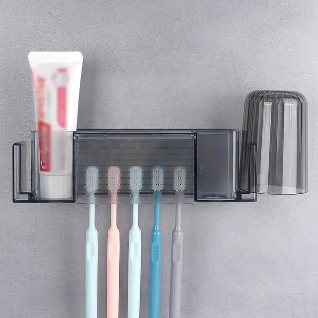 Main image of 5 Slots Wall Mount Toothbrush Holder with Cover, Self Adhesive Toothbrush Storage Organizer for Shower, Toothpaste & Toothbrush Hanger for Bathroom, Medicine Cabinet, Dorm (Gray Large)