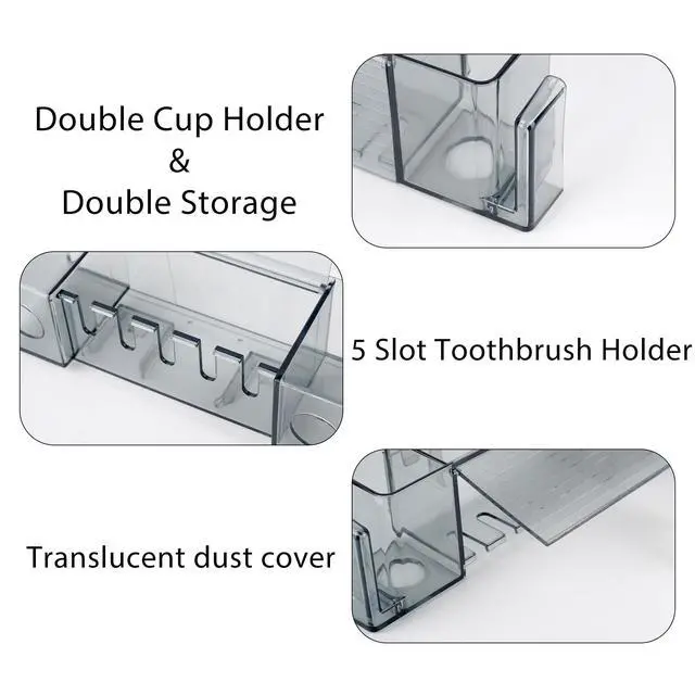 Alt view image 3 of 7 - 5 Slots Wall Mount Toothbrush Holder with Cover, Self Adhesive Toothbrush Storage Organizer for Shower, Toothpaste & Toothbrush Hanger for Bathroom, Medicine Cabinet, Dorm (Gray Large)