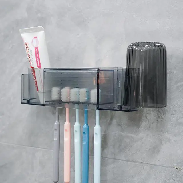 Alt view image 5 of 7 - 5 Slots Wall Mount Toothbrush Holder with Cover, Self Adhesive Toothbrush Storage Organizer for Shower, Toothpaste & Toothbrush Hanger for Bathroom, Medicine Cabinet, Dorm (Gray Large)