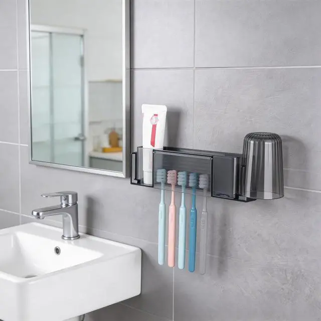 Alt view image 4 of 7 - 5 Slots Wall Mount Toothbrush Holder with Cover, Self Adhesive Toothbrush Storage Organizer for Shower, Toothpaste & Toothbrush Hanger for Bathroom, Medicine Cabinet, Dorm (Gray Large)