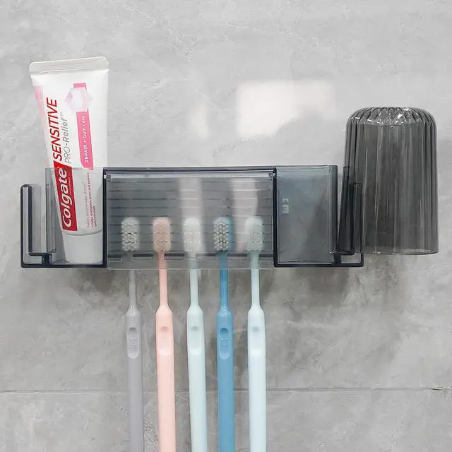 Alt view image 6 of 7 - 5 Slots Wall Mount Toothbrush Holder with Cover, Self Adhesive Toothbrush Storage Organizer for Shower, Toothpaste & Toothbrush Hanger for Bathroom, Medicine Cabinet, Dorm (Gray Large)