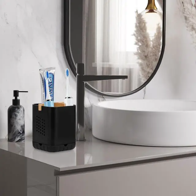 Alt view image 4 of 6 - Black Toothbrush Holders for Bathroom, Electric Toothbrush Holder with Bamboo Divider, Detachable Anti-Slip Toothbrush and Razor Holder Drainage for Shower, Toothbrush Organizer and Storage