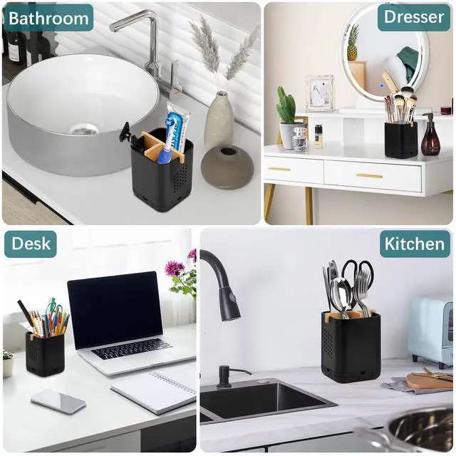 Alt view image 5 of 6 - Black Toothbrush Holders for Bathroom, Electric Toothbrush Holder with Bamboo Divider, Detachable Anti-Slip Toothbrush and Razor Holder Drainage for Shower, Toothbrush Organizer and Storage
