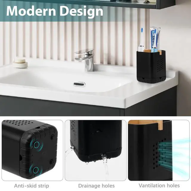 Alt view image 3 of 6 - Black Toothbrush Holders for Bathroom, Electric Toothbrush Holder with Bamboo Divider, Detachable Anti-Slip Toothbrush and Razor Holder Drainage for Shower, Toothbrush Organizer and Storage