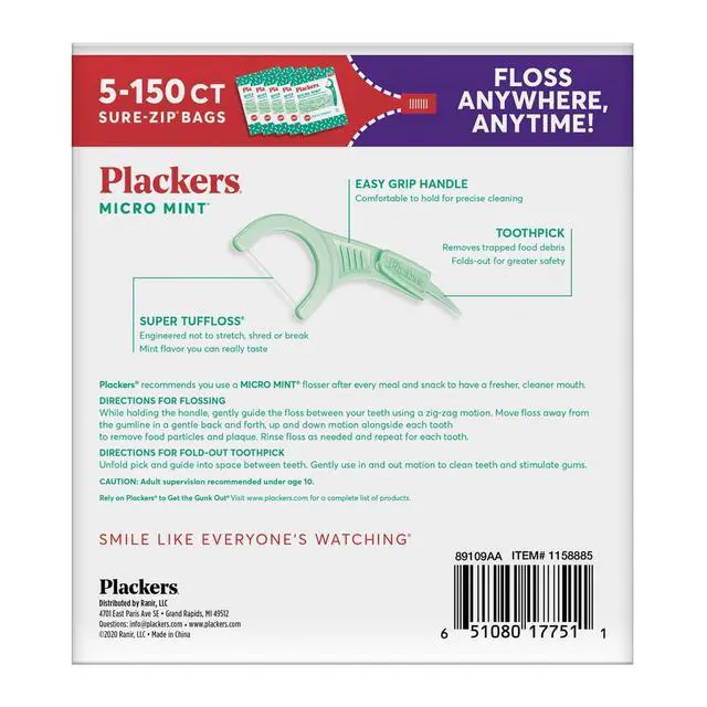 Alt view image 2 of 6 - Micro Mint Dental Flossers, Fold-Out Toothpick, Super Tuffloss, Easy Storage with Sure-Zip Seal, Fresh Mint Flavor, 750 Count (Pack of 5)