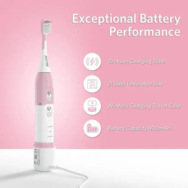 Alt view image 7 of 7 - Sonic Electric Toothbrush with IPX67 Waterproof, Powerful Cleaning Rechargeable Toothbrush with Multiple Modes & Smart Timer, 2 Replacement Brush Head & 1 Travel Case - Pink