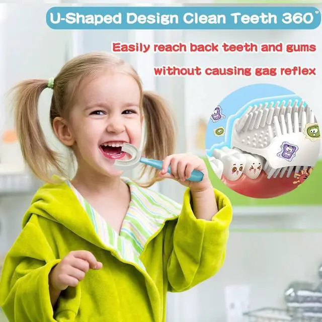 Alt view image 2 of 7 - U-Shaped Toothbrush Kids 2 PCS - Toddler Toothbrush with Food Grade Soft Silicone Brush Head, Manual Whole Mouth Tooth Brush for Kids Age 6-12(Blue+Pink)