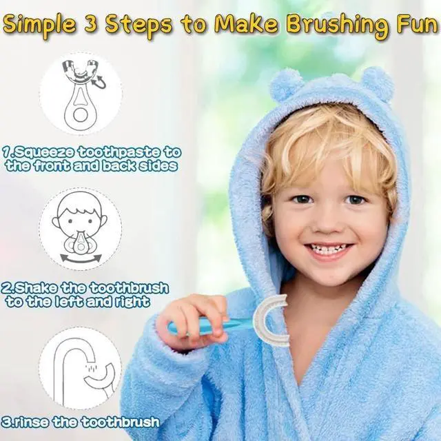 Alt view image 6 of 7 - U-Shaped Toothbrush Kids 2 PCS - Toddler Toothbrush with Food Grade Soft Silicone Brush Head, Manual Whole Mouth Tooth Brush for Kids Age 6-12(Blue+Pink)