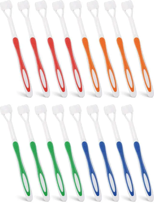 Main image of 16 Pieces Three Sided Toothbrush Autism Bristle Travel Toothbrush for Kids Complete Teeth Great Angle Bristles to Clean Each Tooth,Gentle/Soft (Green, Blue, Yellow, Red)