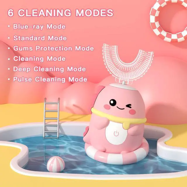 Alt view image 3 of 6 - Kids Electric Toothbrush U Shaped Toddler Auto Sonic Toothbrushes with 5 Brush Head,Cartoon Dinosaur Ultrasonic Toothbrushes for Children 2-12 Years,360° Full Mouth Cleaning Automatic