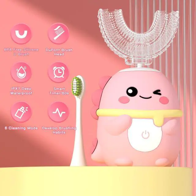 Alt view image 4 of 6 - Kids Electric Toothbrush U Shaped Toddler Auto Sonic Toothbrushes with 5 Brush Head,Cartoon Dinosaur Ultrasonic Toothbrushes for Children 2-12 Years,360° Full Mouth Cleaning Automatic