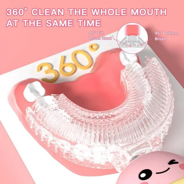 Alt view image 6 of 6 - Kids Electric Toothbrush U Shaped Toddler Auto Sonic Toothbrushes with 5 Brush Head,Cartoon Dinosaur Ultrasonic Toothbrushes for Children 2-12 Years,360° Full Mouth Cleaning Automatic