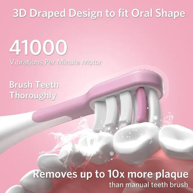 Alt view image 3 of 7 - Sonic Electric Toothbrush with IPX67 Waterproof, Powerful Cleaning Rechargeable Toothbrush with Multiple Modes & Smart Timer, 2 Replacement Brush Head & 1 Travel Case - Pink