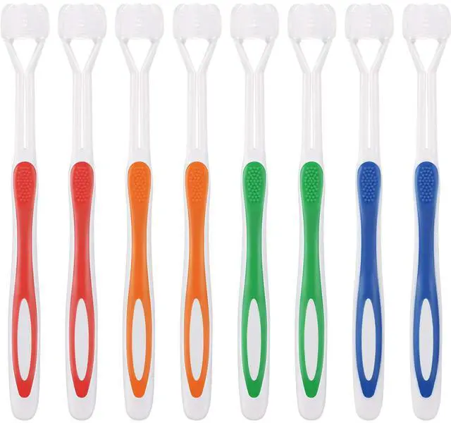 Main image of 8 Pieces Three Sided Toothbrush Autism Travel Sensory Toothbrush for Complete Teeth, Great Angle Bristles Clean Tooth, Gentle/Soft (Green, Blue, Yellow, Red)