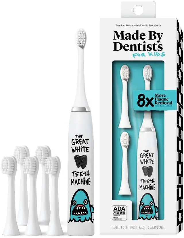 Main image of Kids Electric Toothbrush - Rechargeable Vibrating Toothbrush with Timer, Includes 6 Replacement Heads, Gently Cleans Teeth, Kid & Toddlers Age 2+, Shark
