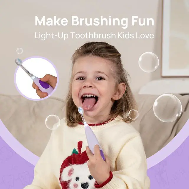 Alt view image 2 of 7 - Kids Electric Toothbrush for Ages 4+ Children Girls and Boys, USB Rechargeable with Smart Brushing Timer, LED Light & 2 Replacement Brush Heads, Purple
