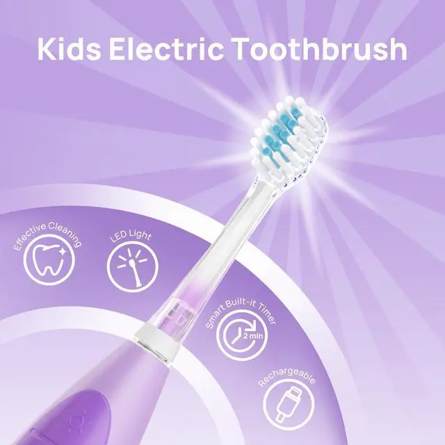 Alt view image 3 of 7 - Kids Electric Toothbrush for Ages 4+ Children Girls and Boys, USB Rechargeable with Smart Brushing Timer, LED Light & 2 Replacement Brush Heads, Purple