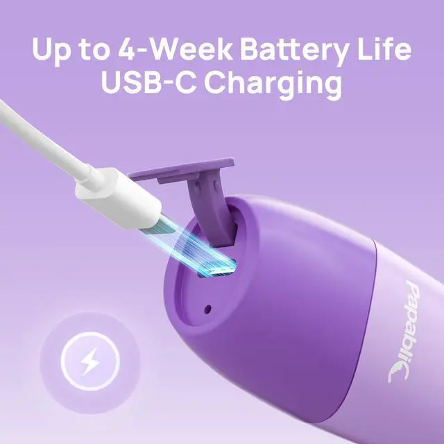 Alt view image 7 of 7 - Kids Electric Toothbrush for Ages 4+ Children Girls and Boys, USB Rechargeable with Smart Brushing Timer, LED Light & 2 Replacement Brush Heads, Purple
