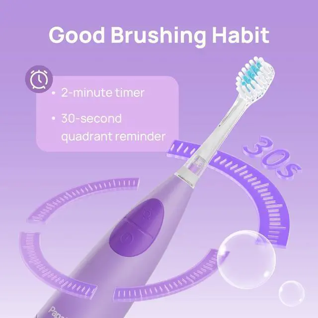 Alt view image 6 of 7 - Kids Electric Toothbrush for Ages 4+ Children Girls and Boys, USB Rechargeable with Smart Brushing Timer, LED Light & 2 Replacement Brush Heads, Purple