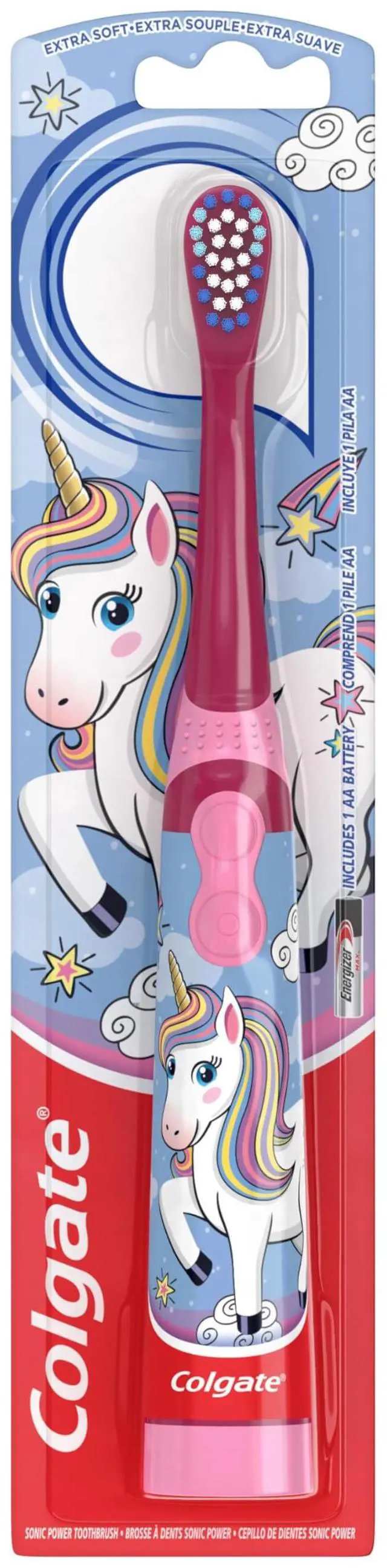 Main image of Kids Battery Powered Toothbrush, Kids Battery Toothbrush with Included AA Battery, Extra Soft Bristles, Flat-Laying Handle to Prevent Rolling, Unicorn Toothbrush, 1 Pack