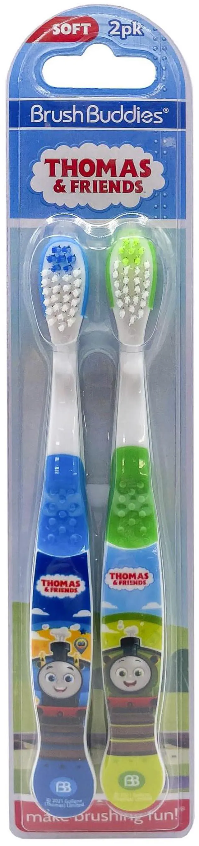 Main image of Thomas and Friends Kids Toothbrush Twin Pack Manual Toothbrushes for Toddlers and Children Soft Bristles Character Toothbrush for Boys and Girls Ages 3 Plus Green and Blue