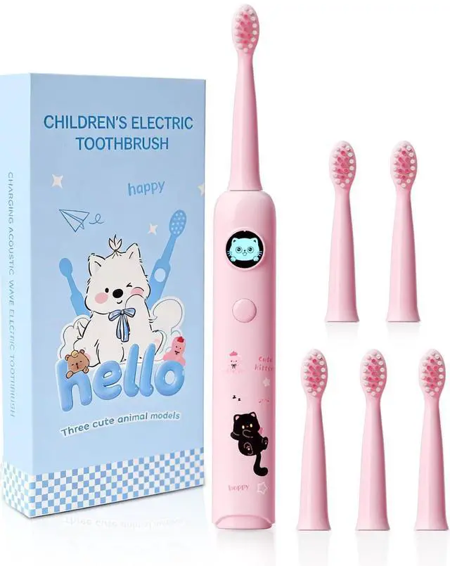 Main image of Kids Electric Toothbrush, Sonic Rechargeable Toothbrush with 6 Replacement Heads, Soft Bristle, IPX7 Waterproof, LED Display, Oral Care for Toddlers & Children Aged 2-12 Years (Pink)
