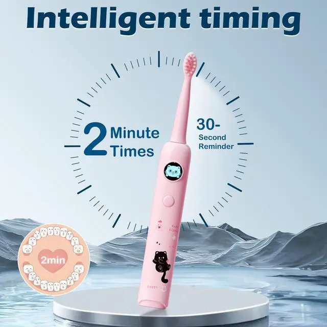 Alt view image 4 of 7 - Kids Electric Toothbrush, Sonic Rechargeable Toothbrush with 6 Replacement Heads, Soft Bristle, IPX7 Waterproof, LED Display, Oral Care for Toddlers & Children Aged 2-12 Years (Pink)