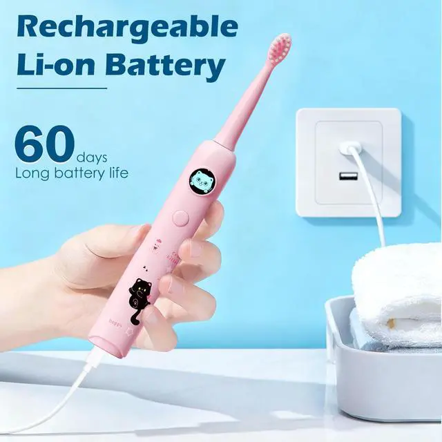 Alt view image 5 of 7 - Kids Electric Toothbrush, Sonic Rechargeable Toothbrush with 6 Replacement Heads, Soft Bristle, IPX7 Waterproof, LED Display, Oral Care for Toddlers & Children Aged 2-12 Years (Pink)