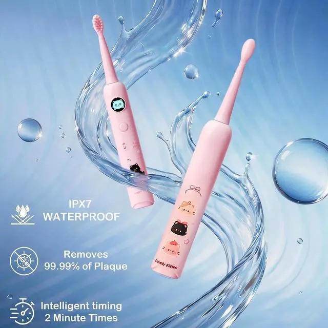 Alt view image 6 of 7 - Kids Electric Toothbrush, Sonic Rechargeable Toothbrush with 6 Replacement Heads, Soft Bristle, IPX7 Waterproof, LED Display, Oral Care for Toddlers & Children Aged 2-12 Years (Pink)