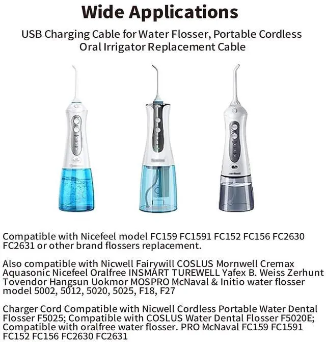 Alt view image 3 of 7 - USB Charging Cable for Water Flosser Portable Cordless Oral Irrigator Replacement Charger for Nicwell, Fairywill, Aquasonic, Nicefeel, Oralfree, MOSPRO, Cremax, Tovendor, Hangsun, Insmart, Zerhunt