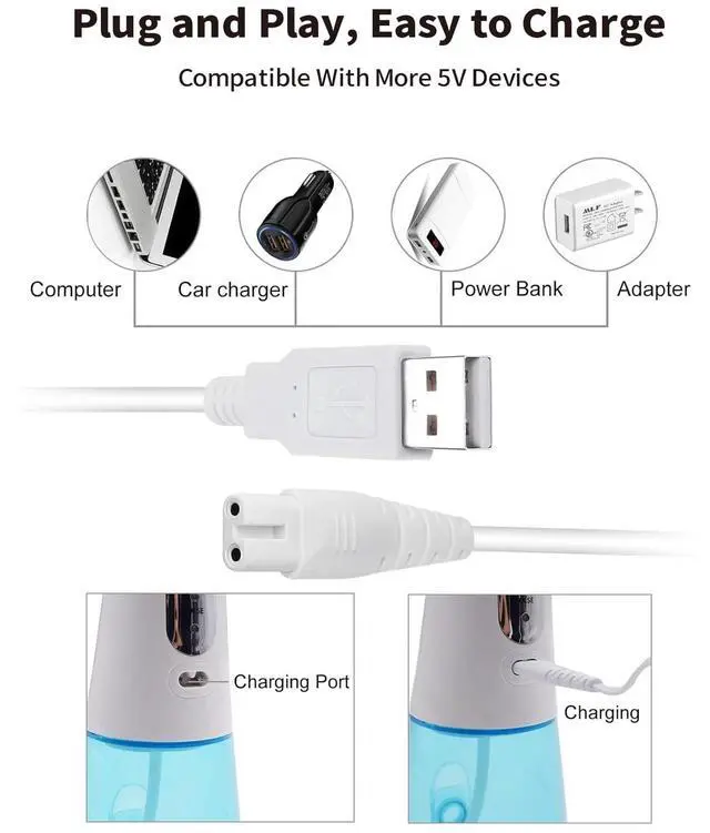 Alt view image 4 of 7 - USB Charging Cable for Water Flosser Portable Cordless Oral Irrigator Replacement Charger for Nicwell, Fairywill, Aquasonic, Nicefeel, Oralfree, MOSPRO, Cremax, Tovendor, Hangsun, Insmart, Zerhunt