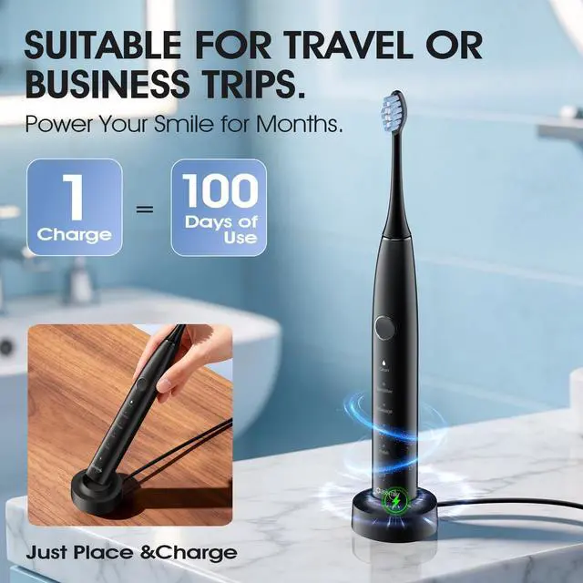Alt view image 5 of 7 - Electric Toothbrush for Adults, 42000 VPM Sonic Toothbrush with Travel Case, 5 Modes for Sensitive Teeth and Braces, 6 Brush Heads, Wireless Charging, 100-Day Battery Life for Home Travel