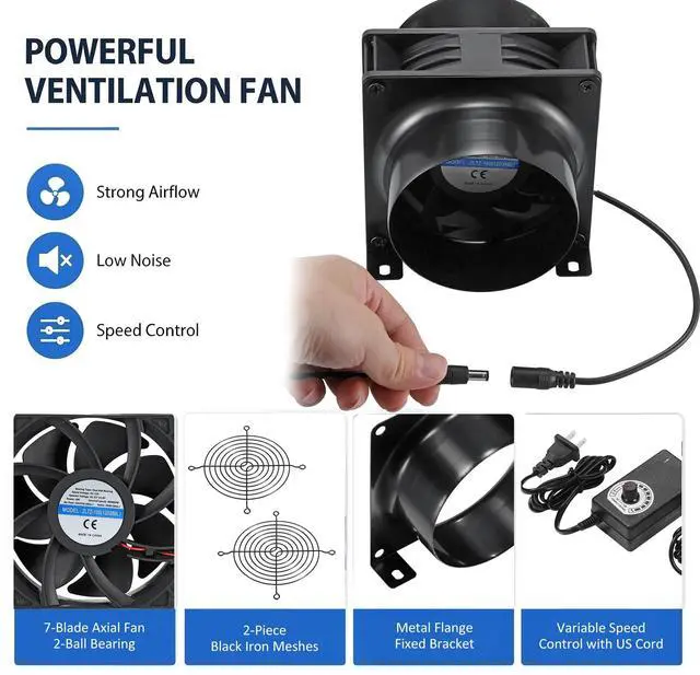Alt view image 2 of 7 - 4" Axial Exhaust Fan, DC12V 3000RPM 120mm Air Exhaust Fume Smoke Extractor Fan DIY Kit for Soldering, 3D Laser, Paint Booth - w/ 4" Metal Flanges, Meshes, Dimmer