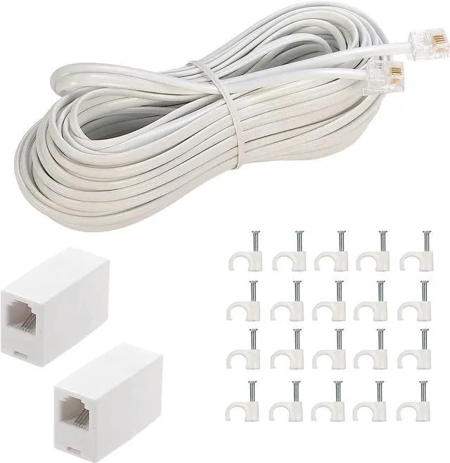 Main image of Phone Extension Cord 50 Ft, Phone Cord Telephone Cable with Standard RJ11Plug and 2 in-Line Couplers and 20Cable Clip Holders, White (White, 50 Feet)