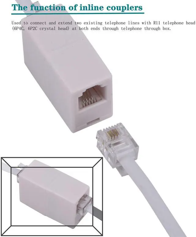 Alt view image 5 of 7 - Phone Extension Cord 50 Ft, Phone Cord Telephone Cable with Standard RJ11Plug and 2 in-Line Couplers and 20Cable Clip Holders, White (White, 50 Feet)