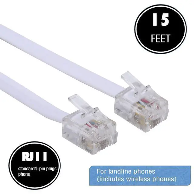 Alt view image 2 of 7 - 15-Feet Telephone landline Extension Cord Cable Cord with Standard RJ-11 6P4C Plug (White 15-ft, 2Pack)