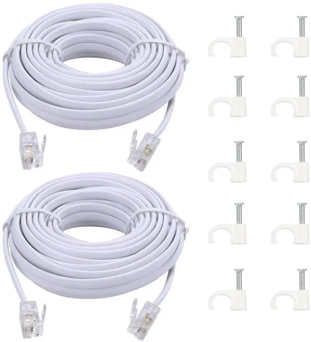 Main image of 15-Ft Telephone landline Extension Cord Cable Cord with Standard RJ-11 6P4C Plug (White, 2Pack)
