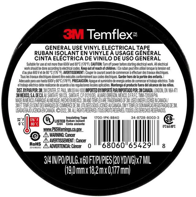 Alt view image 3 of 7 - Temflex General-Purpose Vinyl Electrical Tape (1700), 3/4 in. x 60 ft., 7 Mil, Black, 3 Rolls