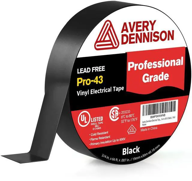 Main image of Electrical Tape ¾ in x 99 ft, Professional Grade PVC Electric Tape, UL/CSA Listed Insulating Vinyl Tape for Electrical, Repairs, Automotive and Equipment, Pro-43, Black, 1 Roll