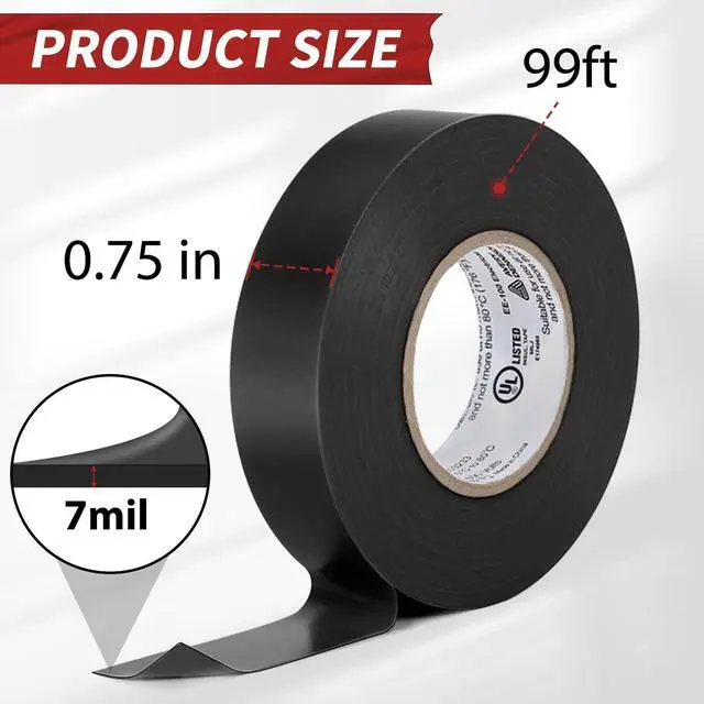 Alt view image 7 of 7 - Electrical Tape ¾ in x 99 ft, Professional Grade PVC Electric Tape, UL/CSA Listed Insulating Vinyl Tape for Electrical, Repairs, Automotive and Equipment, Pro-43, Black, 1 Roll
